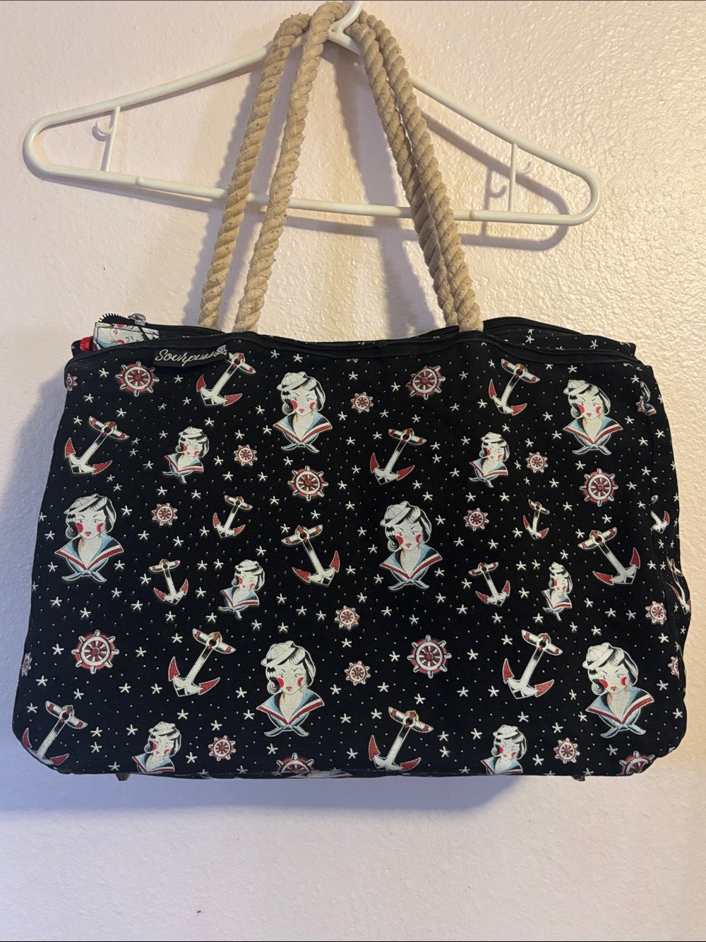 Sourpuss Black With Nautical Old School Tattoo Print Rope Handle Tote Bag